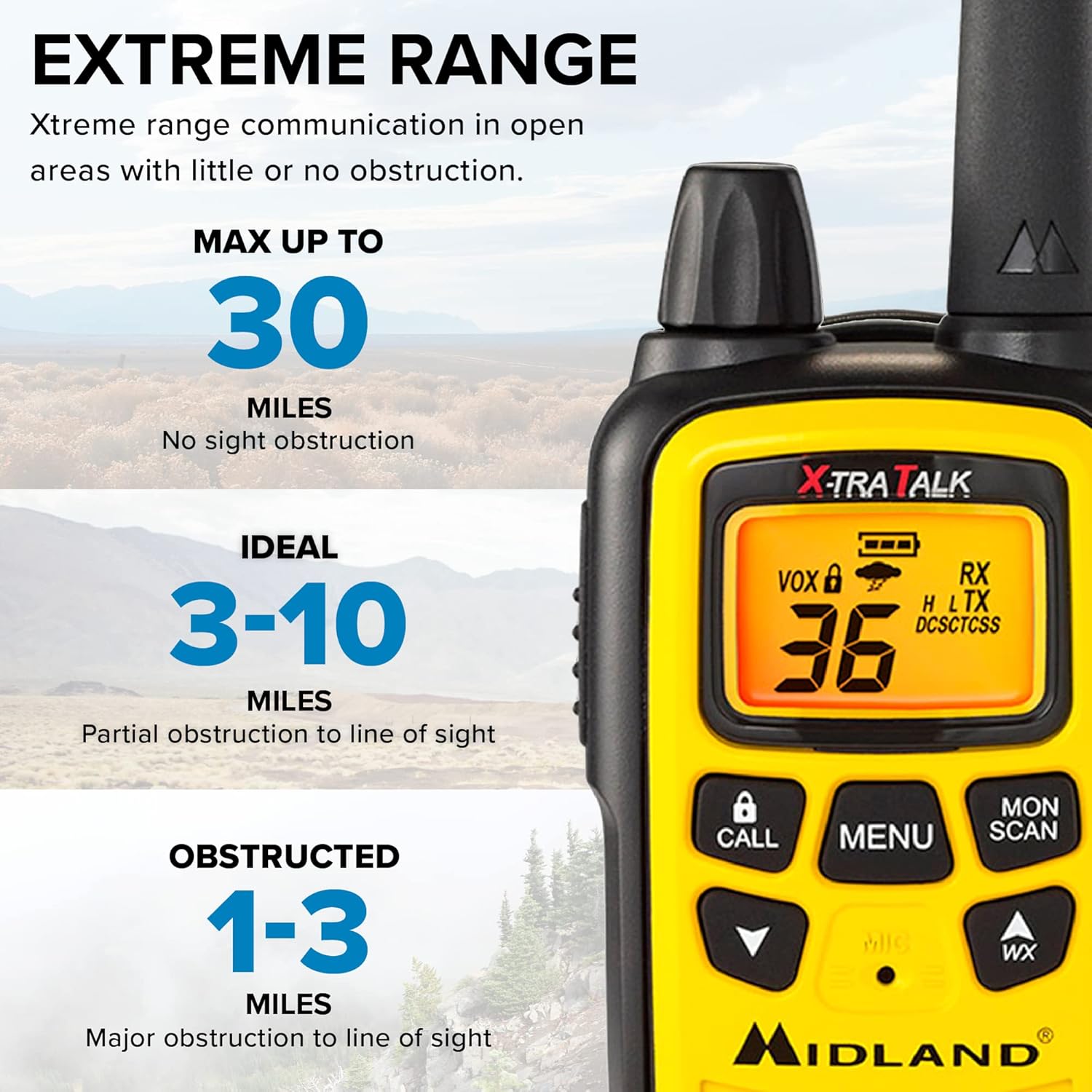Midland - LXT600VP3 Long Range Walkie Talkie - FRS Two-Way Small Business Radio Rechargeable Portable- UTV Accessories with NOAA Weather Scan + Alert, and 36 Channels (Yellow/Black, 2 Radios)
