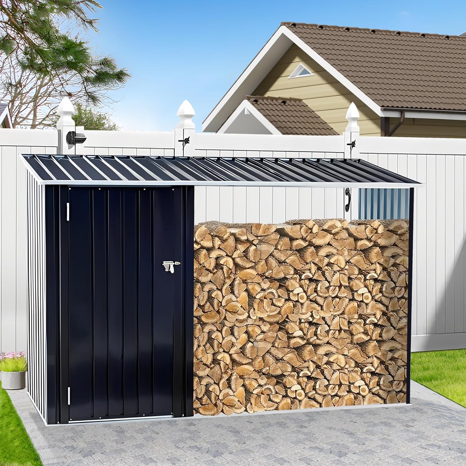 2-in-1 Metal Outdoor Storage Shed with Tool Locker & Firewood Storage, 8.17× 5.29 FT Firewood Shed - Weatherproof & Versatile, Steel Garden Sheds for Backyard Garden Patio Lawn - Dark Gray