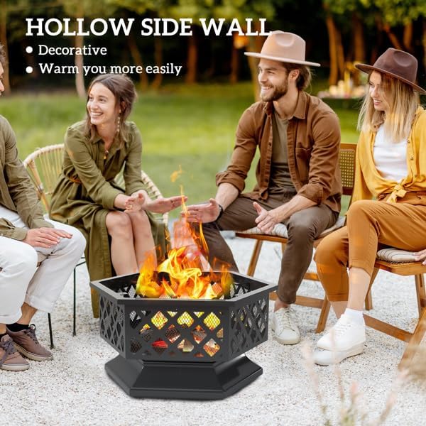 Outdoor Fire Pit 2-in-1 BBQ Grill Fire Pit with Spark Screen Lid, Fire Poker, Grill Grate, Hexagon Steel Wood Burning for Patio, Backyard, Camping