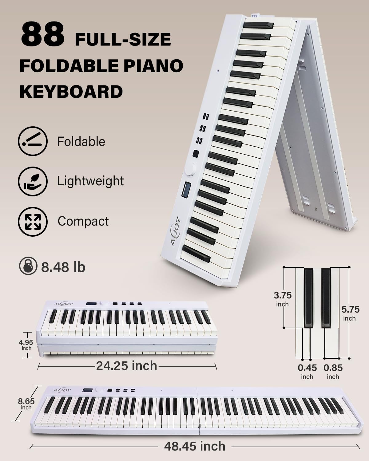 AiJoy ASP-10F 88 Key Piano Keyboard with Semi-Weighted Keys Portable Folding Piano, 128 Tones, Speakers, USB-MIDI, Carry-Bag, Sustain Pedal, Stand Electric Keyboard Piano for Beginners, White