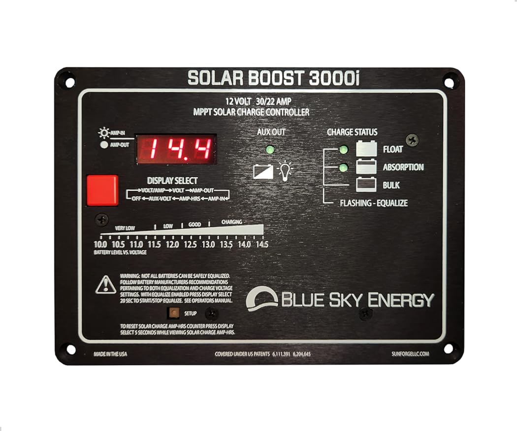 Kit Composed of Blue Sky Energy SB3000i Solar Boost 30A MPPT Charge Controller, Metal Wall Mount Box, and Battery Temperature Sensor