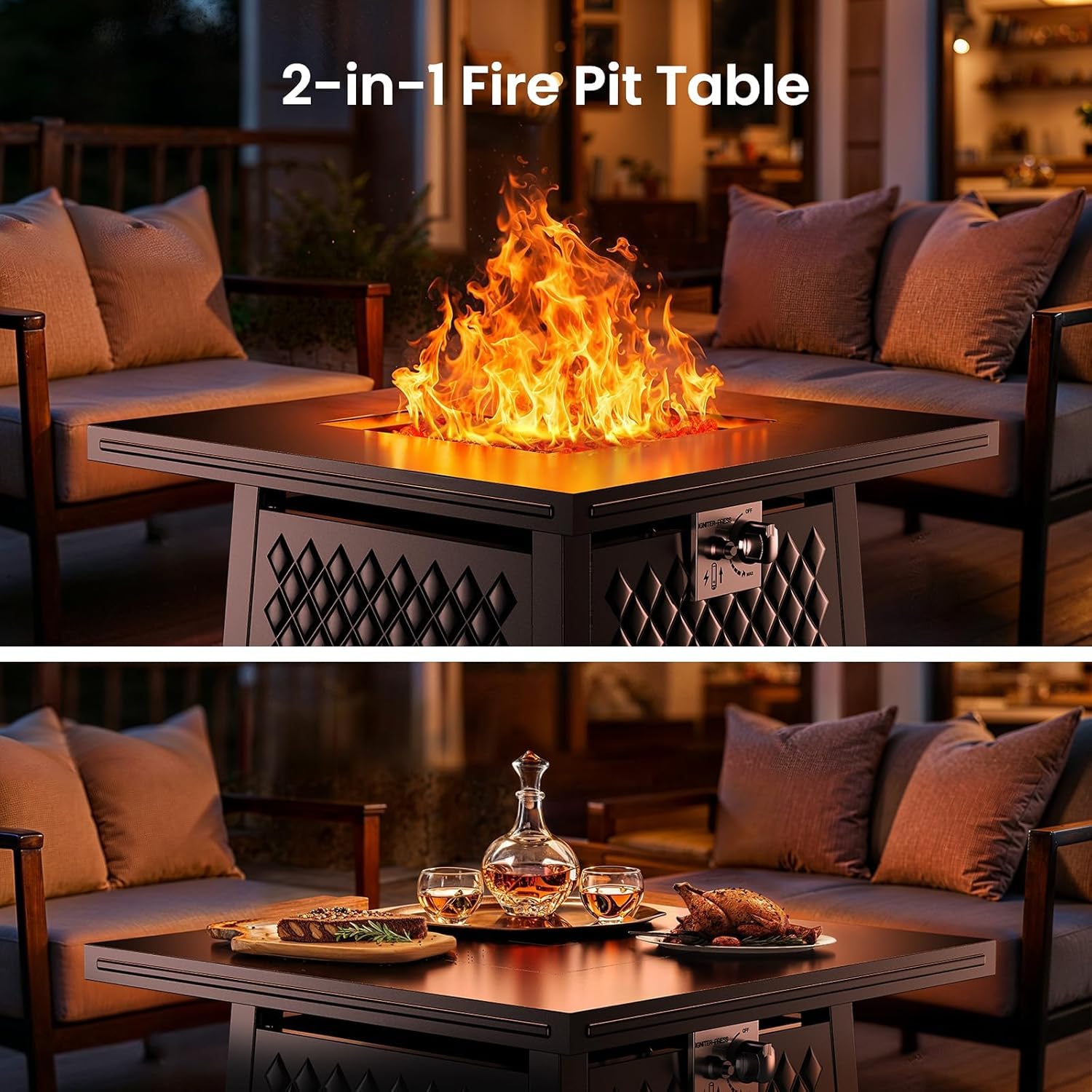 Ciays 28 Inch Propane Fire Pits,50,000 BTU Gas Fire Pit Table for Outsides with Steel Lid and Lava Rock, 2-in-1 Square Fire Table for Gatherings Parties on Patio Deck Garden Backyard, Black