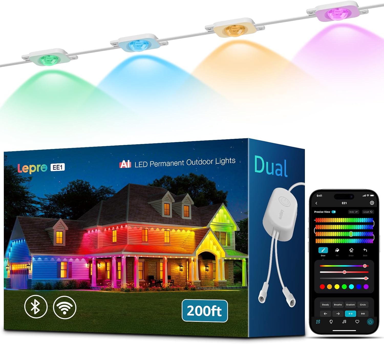 Lepro EE1 AI Permanent Outdoor Lights with Dual-Output, 200ft 120 LED RGB+IC Smart Outside Light for House Christmas Decor,Alexa Google Enabled 2.4 GHz WiFi/Bluetooth, APP Control No Remote Controller