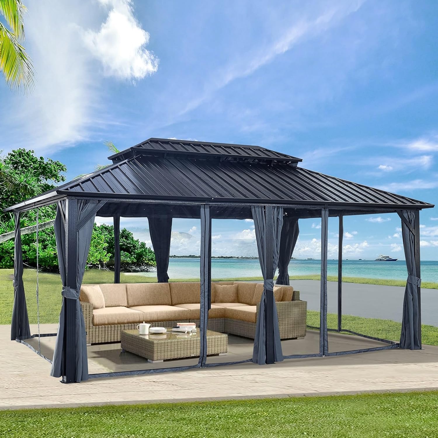 Wycian Gazebo Canopy Tent Gazebo Zipper Curtains Aluminum Black 12X18Ft Nettings and Curtains Heavy Duty Double Roof Galvanized Steel Only Gazebo 1Pc