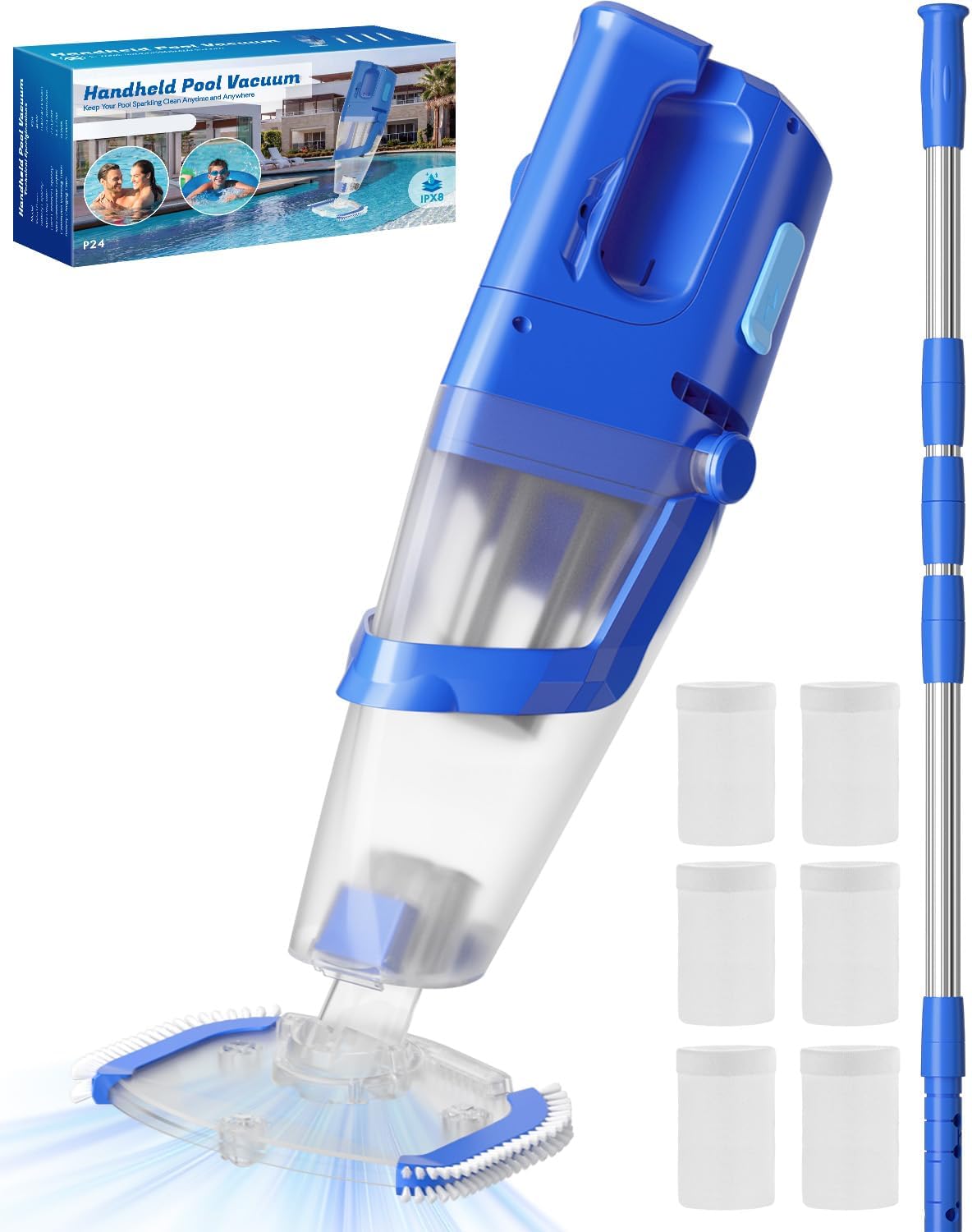 Cordless Handheld Pool Vacuum Cleaner with Telescopic Pole, 26.5 GPM Powerful Suction, Longer 1H Runtime, Portable Pool Vacuums for Above Ground/Inground Pools, Hot Tubs, Spas