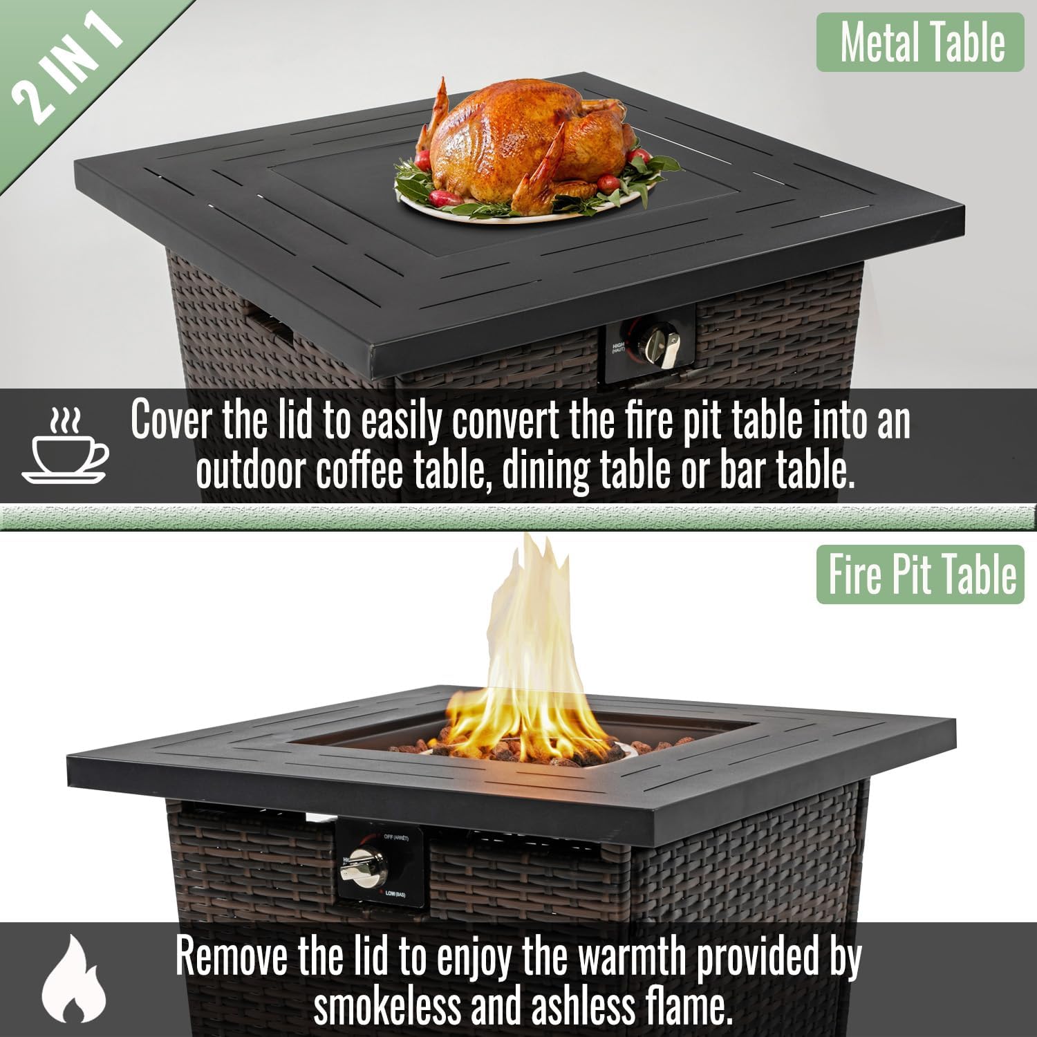 Outdoor Propane Gas Fire Pit Table, 50,000 BTU, 28-inch Square, Black Steel Top with Brown Wicker Base