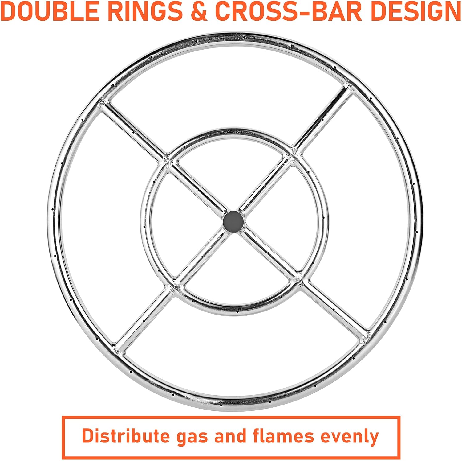 GASPRO 18 Inch Round Fire Pit Ring Burner for Natural Gas & Propane Fireplace, 304 Series Stainless Steel, BTU 147,000 Max