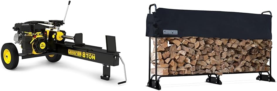 Champion Power Equipment 8-Ton Compact Horizontal Gas Log Splitter with 96-Inch Firewood Heavy Duty Wood Log Rack and Rack Cover