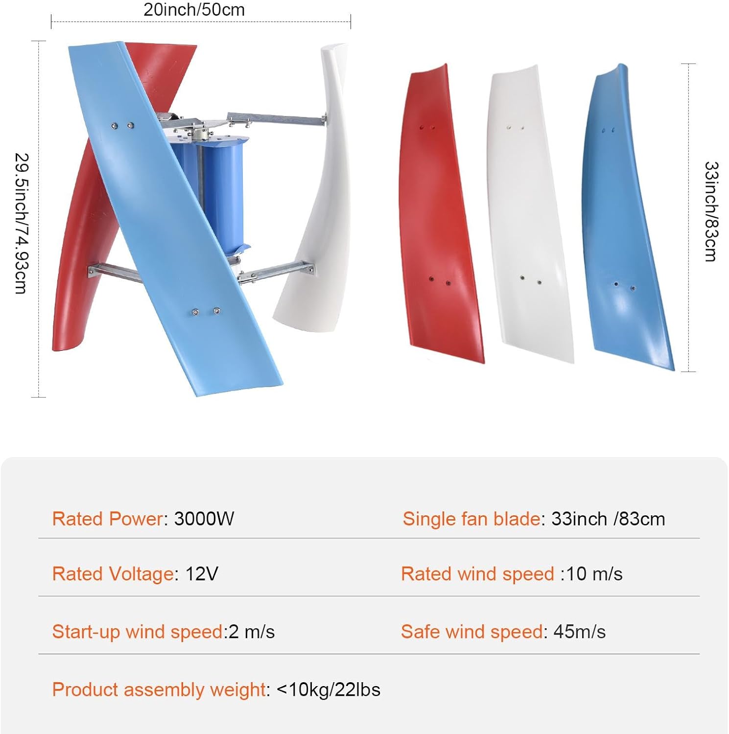 Wind Turbine Kit | 3000W Vertical Wind Mill Turbine Generator Kit,3 Leaves, Safe, Quiet Small Windmill for Home, Farm, RVs, Boats, Street Lighting