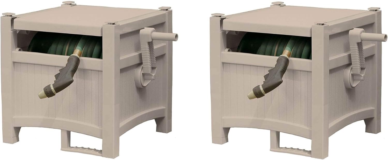 Suncast 100 Foot Capacity Hideaway Garden Hose Reel for 1.9 inches Hose Outdoor Storage with Stay Up Lid and Crank Handle, Taupe 2 Pack
