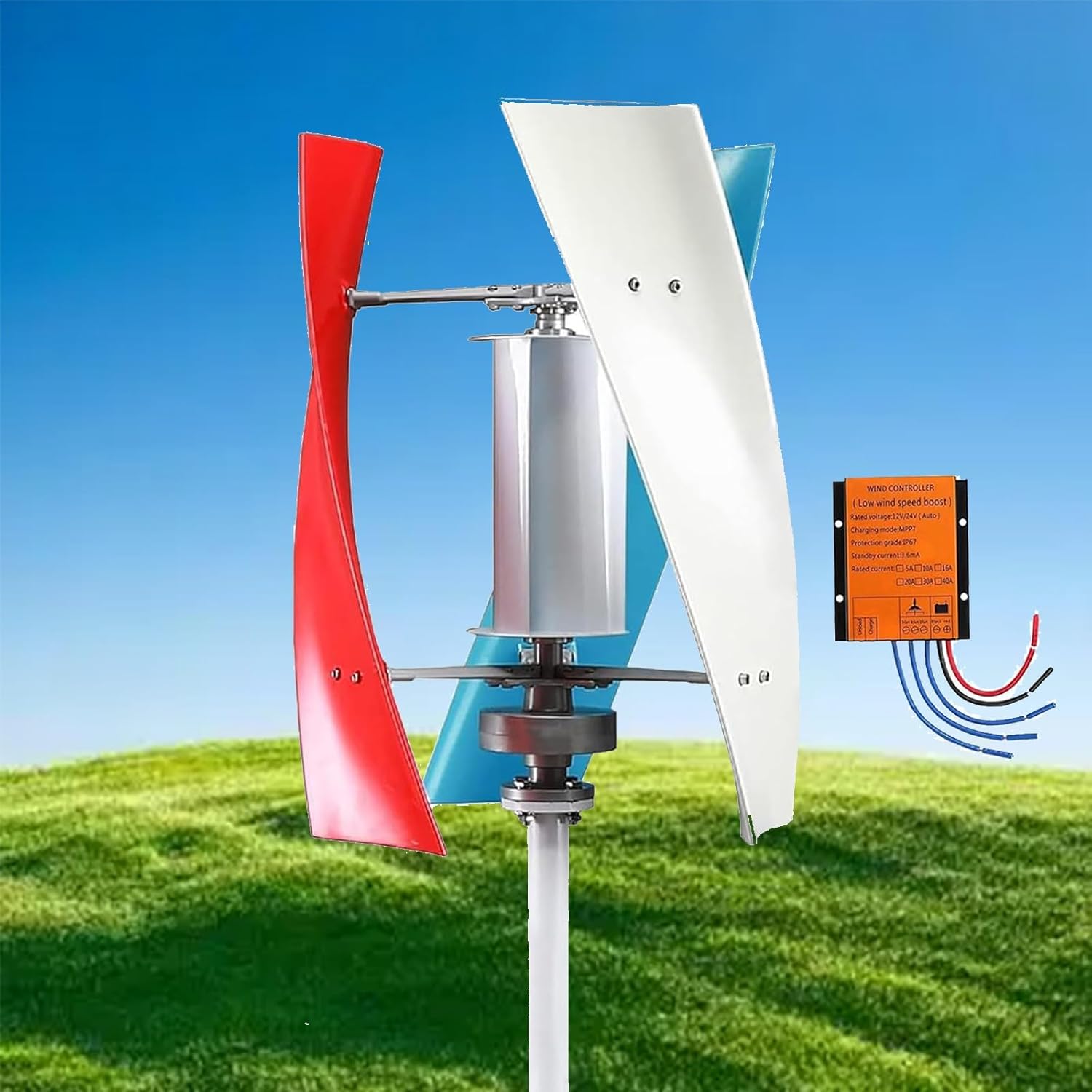 20000W Portable Vertical Wind Turbine Generator Kit - DC 12V/24V/48V Helix Design with 3 Blades for Boats, Cabins, Gazebos, Mobile Homes - Colorful Renewable Energy Solution