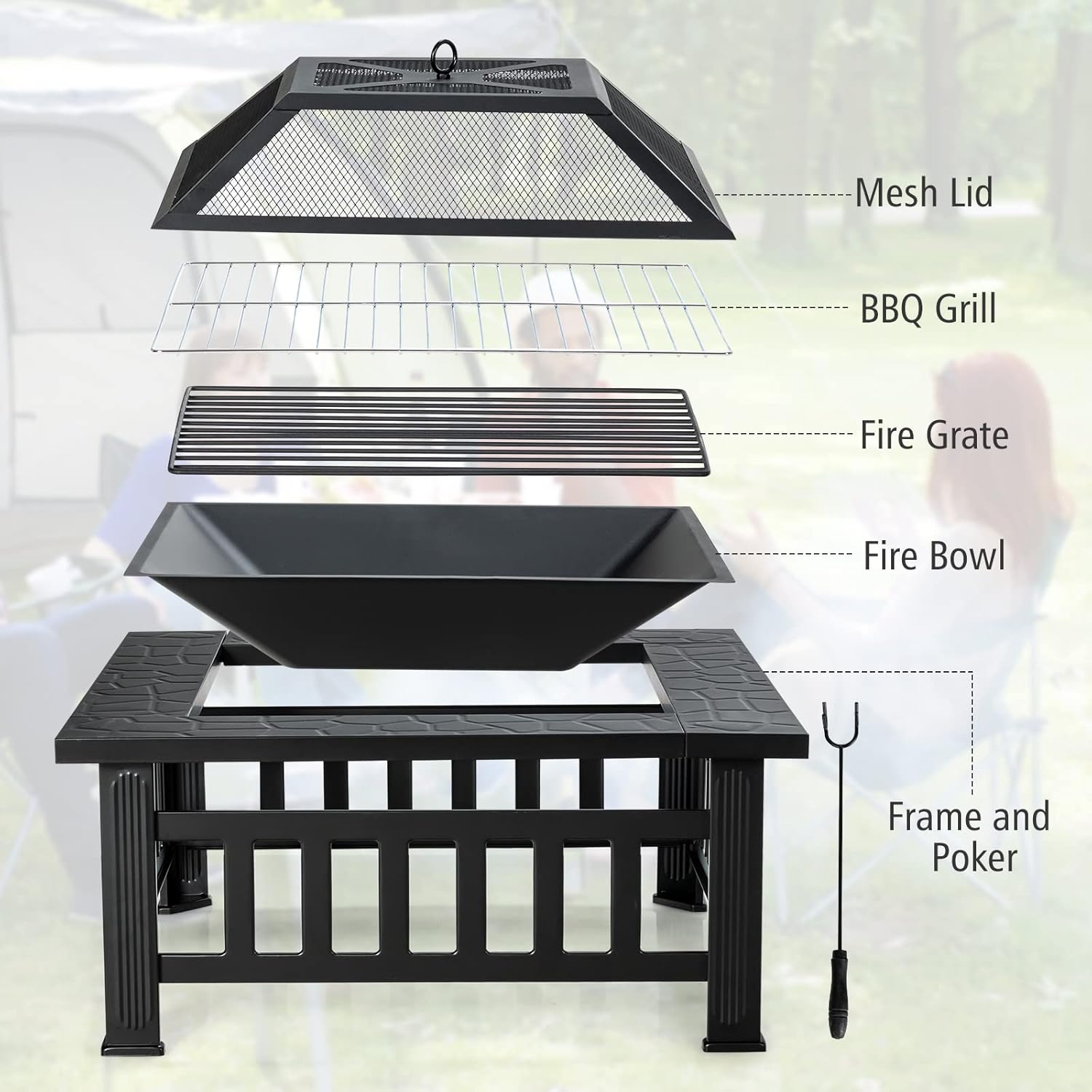 32 inch Outdoor Fire Pit, 3 in 1 Bonfire Wood Burning Fire Pit Table with Spark Screen, BBQ Grill, Poker, Rain Cover, Log Grate, Metal Bonfire Stove Firepit for Outside Backyard Patio