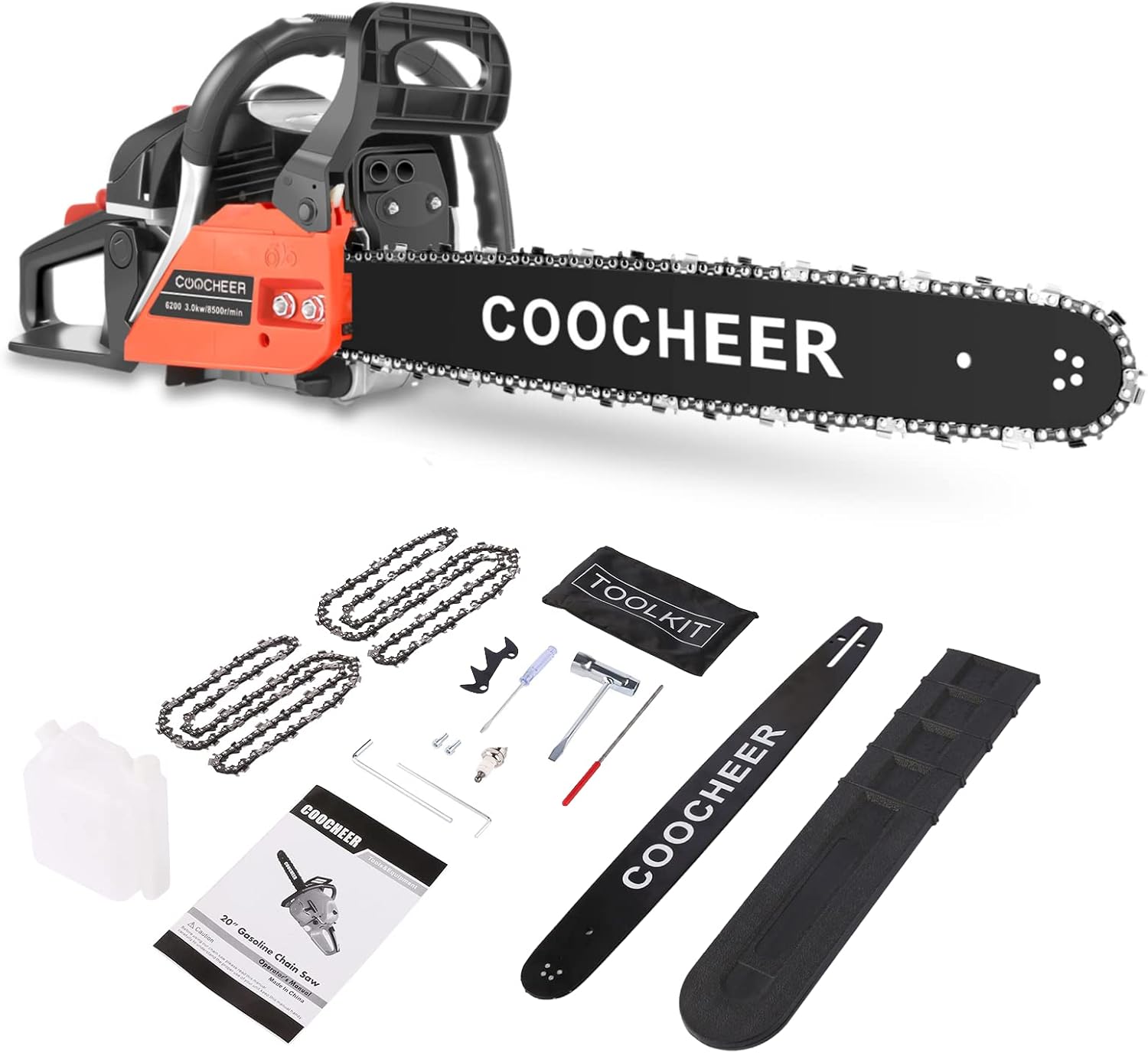 COOCHEER 62cc Gas Chainsaw 20 Inch Gas Powered Chainsaws, 3.5 HP 2-Cycle Engine Petrol Handheld Gasoline Chain Saw for Wood Cutting, Tree Trimming
