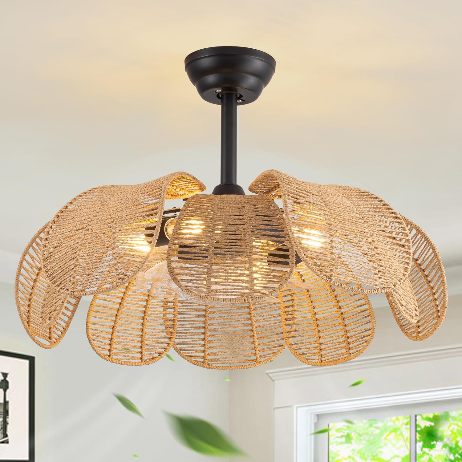 25.5“Rattan Fandelier Ceiling Fan with Light,Flower Boho Ceiling Fan with Light and Remote,Black Farmhouse Chandelier Fan for Bedroom, Living Room,Kitchen,Foyer(6 Speed, Timing Adjustable Height)