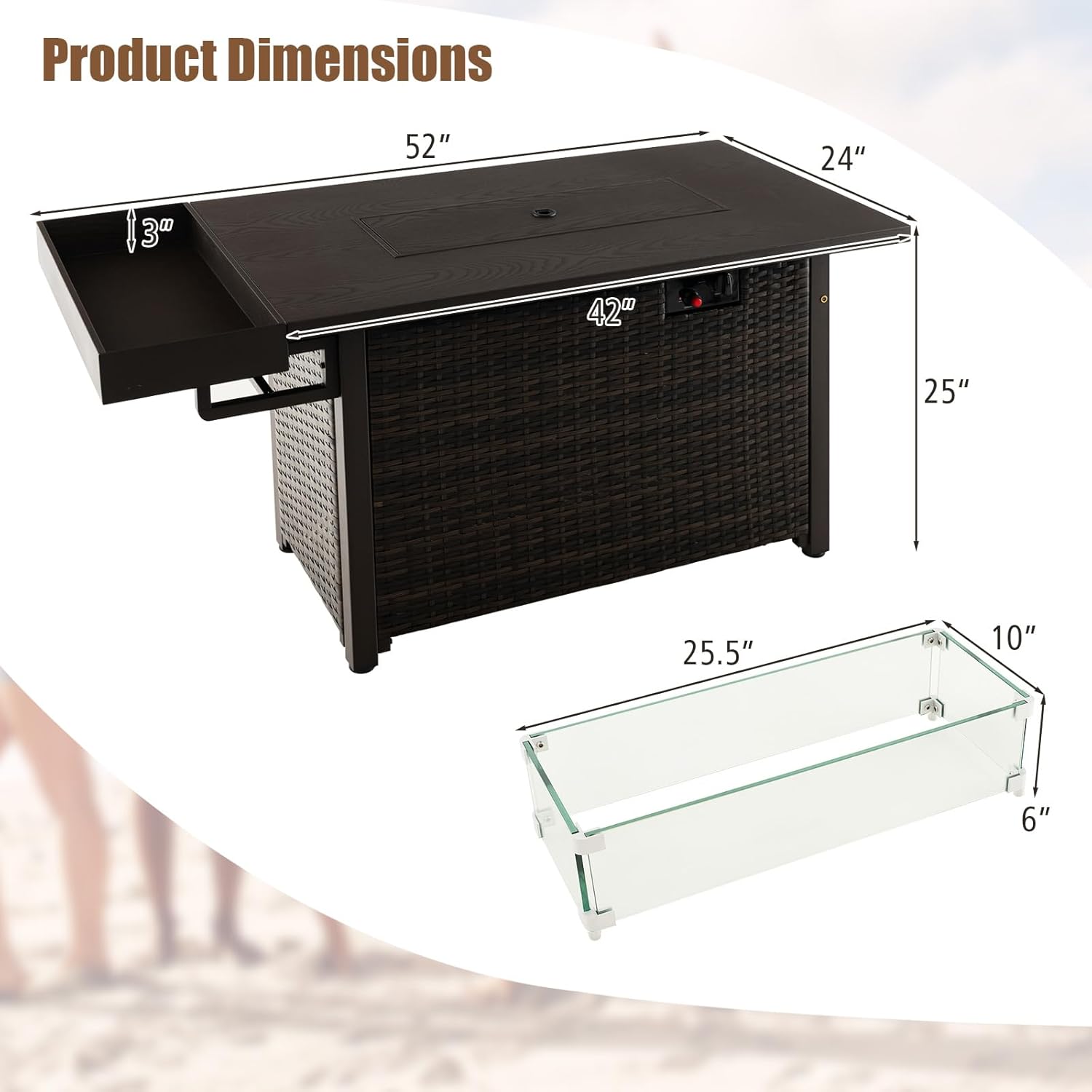 Tangkula Patio Propane Fire Pit Table, 52 Inch Wicker Gas Fire Pit with Wind Guard & Extended Shelf, 50,000 BTU Heat Output, Rectangular Fire Table with Blue Fire Stone & Waterproof Cover (Brown)