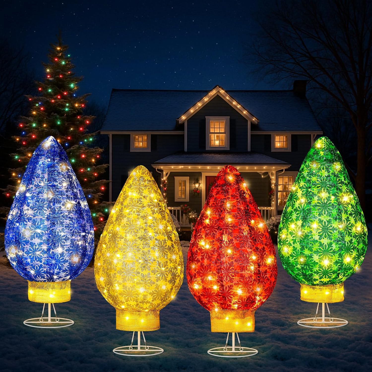 Sumind 4 Pack Giant Christmas Lighted Holiday Lamp Post for Indoor and Outdoor, Retractable Bulb Shape Floor Decorations Flash Onion Cloth Christmas Warm Holiday Atmosphere Display with 160 LED