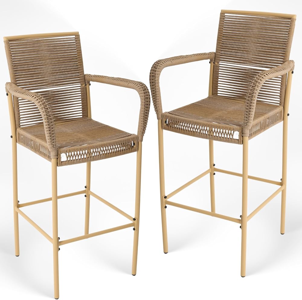 Outdoor Bar Stools Set of 2, Patio Bar Stools with Armrests, All Weather Wicker Rattan Bar Chairs with Backrest for Backyard, Garden, Pool, Balcony and Deck (Yellow)