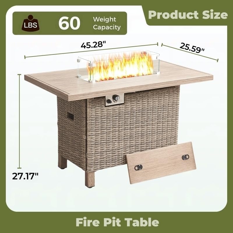 Fire Tables, Outdoor Fireplaces, 50,000 BTU Steel Gas Fire Pit Table with Lid, Glass Wind Guard and Blue Rock, Rectangle Rattan Coffee Table for Patio Deck Garden, CSA Certified