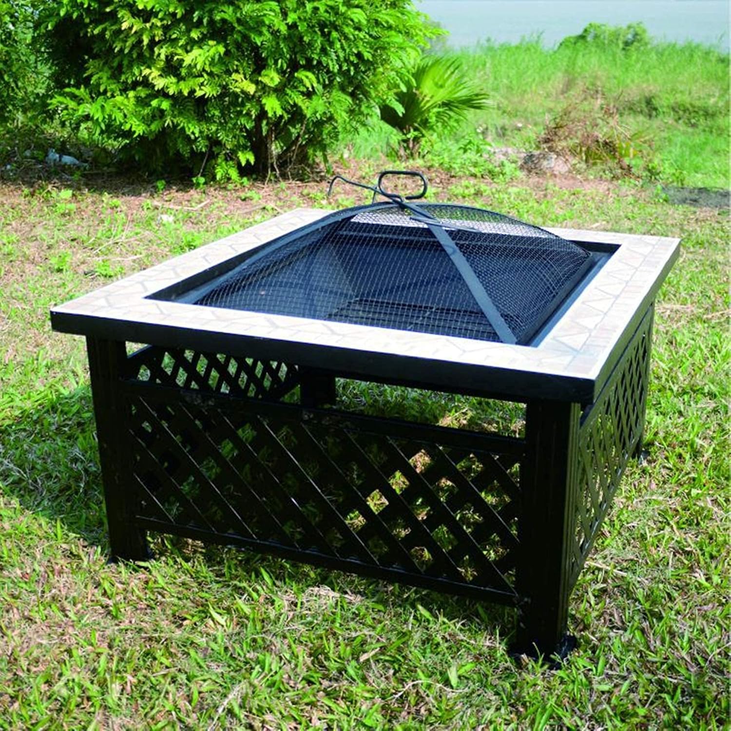 Square Fire Pit Table,Built-in Fire Bowl Table,Metal Bonfire Firepit with Mesh Spark Screen Cover,Outdoor Patio Heater Wood Burning,Garden Fireplace for Camping