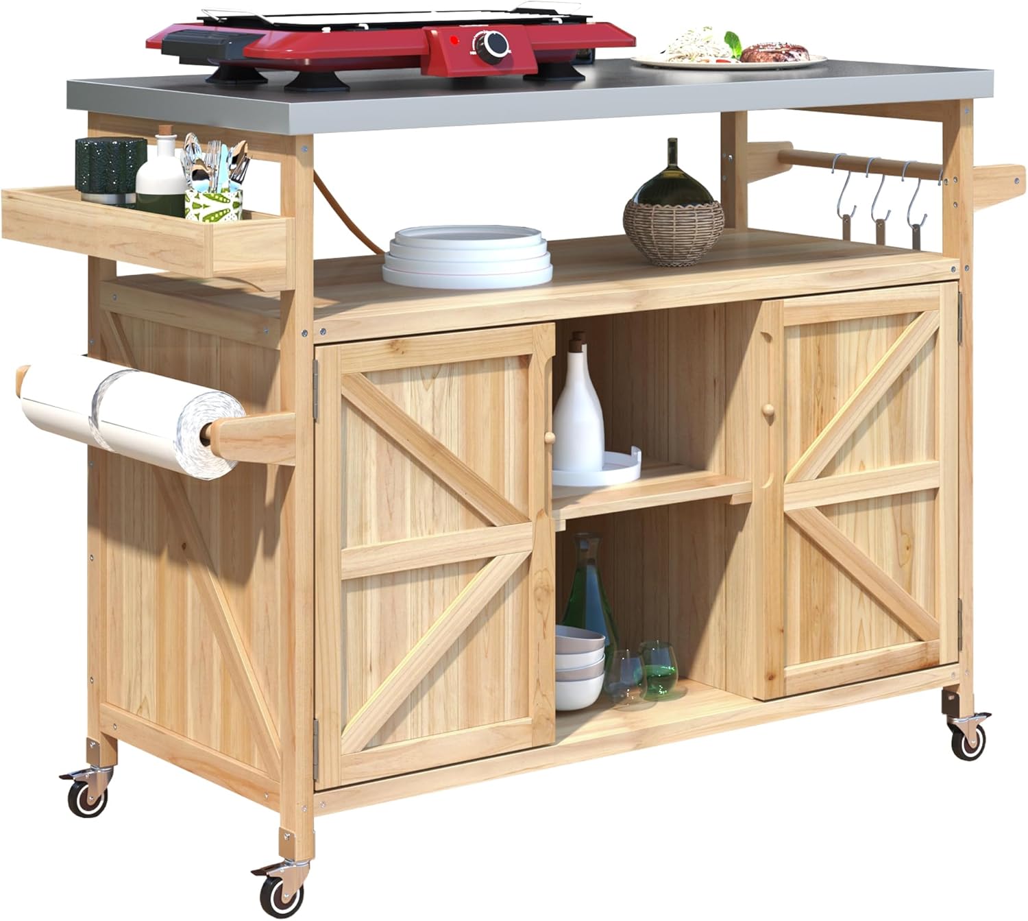 Outdoor Kitchen Island, Rolling Bar Cart & Storage Cabinet, Farmhouse Solid Wood Outdoor Grill Table with Stainless Steel Top, Spice Rack, Towel Rack for Kitchen & BBQ (Natural)