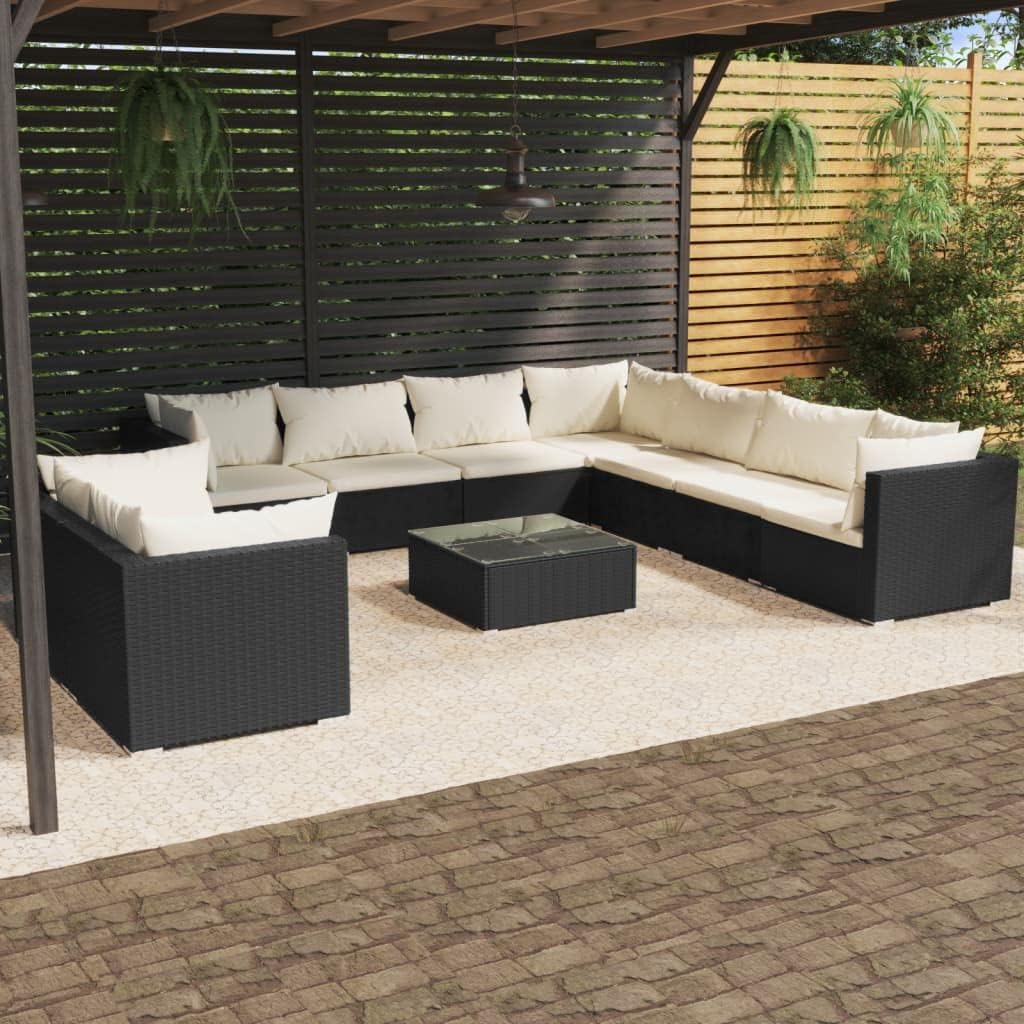 10 Piece Garden Lounge Set with Cushions Black Poly Rattan,Modern Outdoor Patio Lounge Set in Black Modular Rattan Furniture with Comfortable Cushions Patio Furniture, Outdoor Furniture Sets