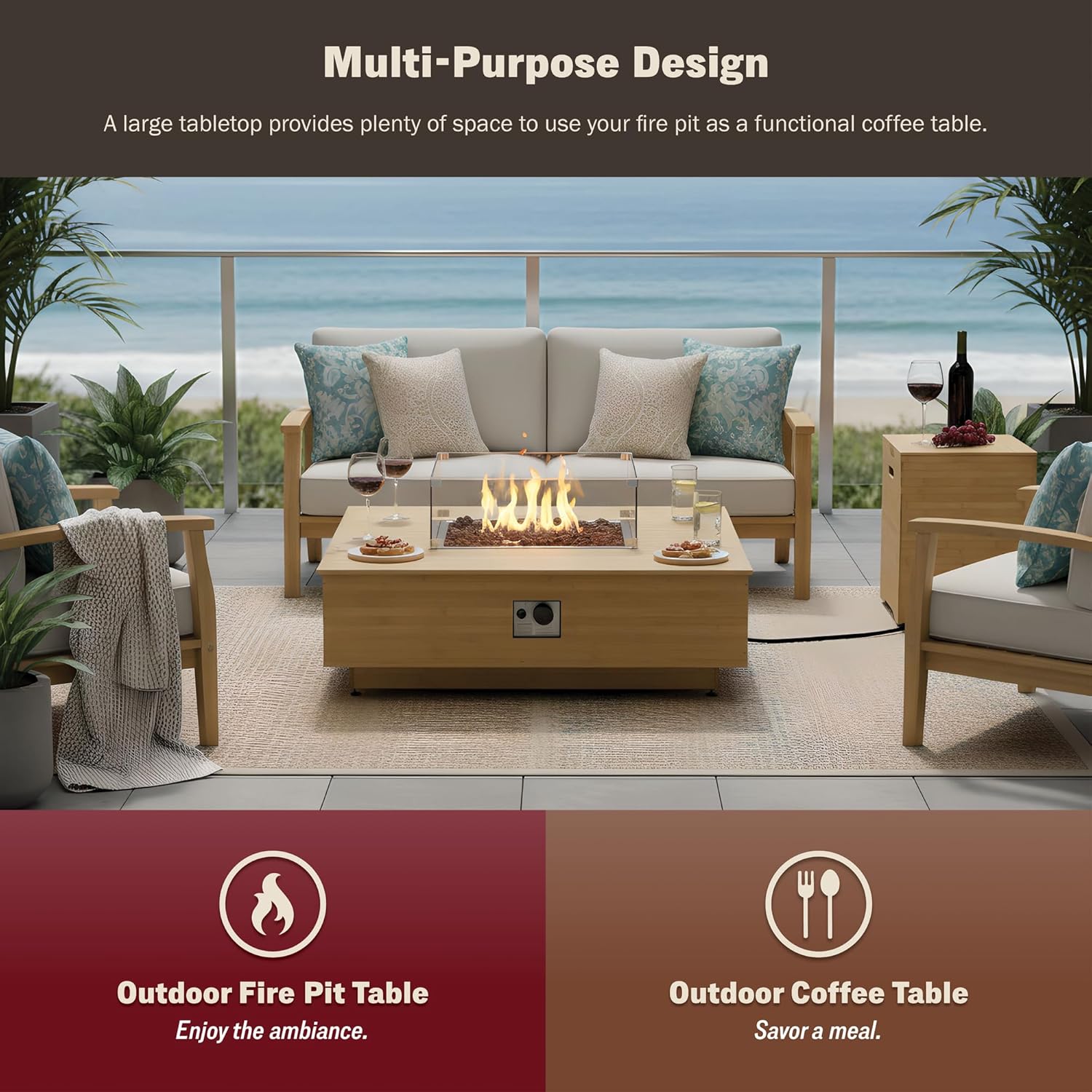 Kinger Home Harmony 43-Inch Large Square Outdoor Propane Gas Fire Pit Table, 50,000 BTUs, Certified Includes Side Table, Lava Rock and Weatherproof Cover