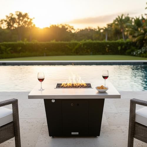COOKE Palisades Rectangular Fire Pit Table - 52x36 - Chat Height - Propane - Brushed Aluminum Top with 3cm Edge - Dark Cherry Powdercoat Base