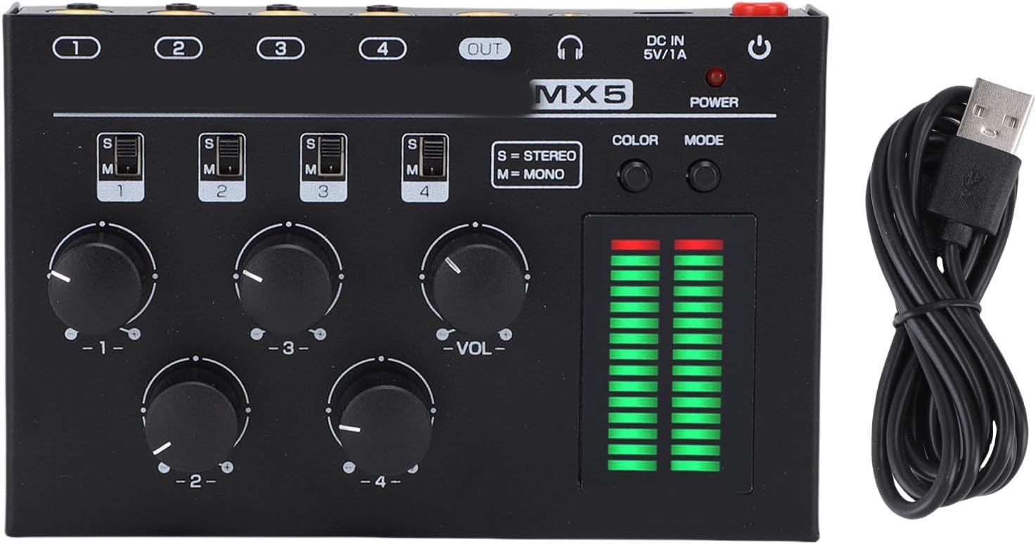 LiebeWH 4 Channel Audio Mixer Mini Sound Mixer with LED Level Display Stereo Mono Low Noise for PC CD Player Headphone Speaker Preamplifier