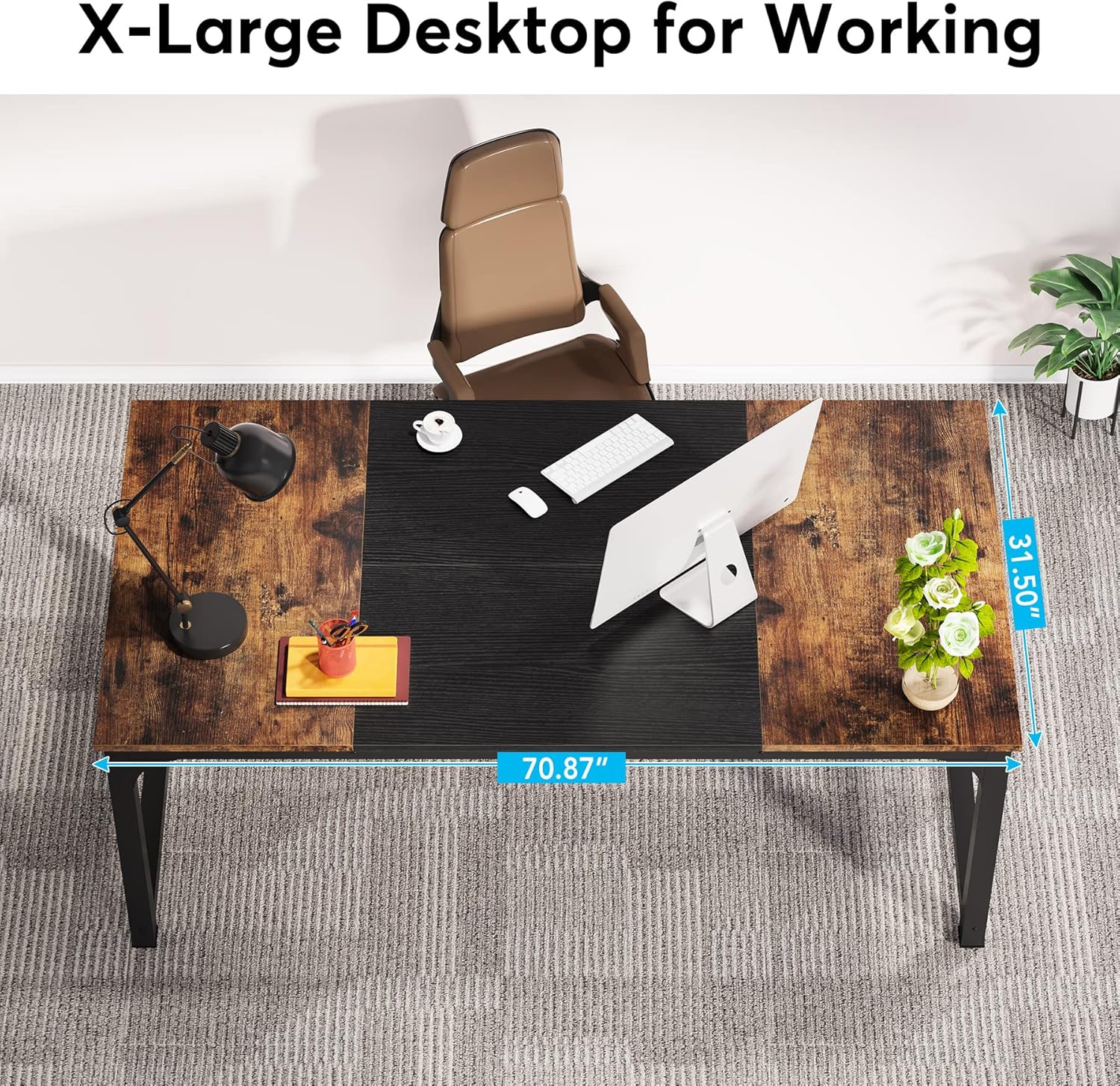 LITTLE TREE 70.8 Inch X-Large Executive Computer Office Desk, Brown+Black