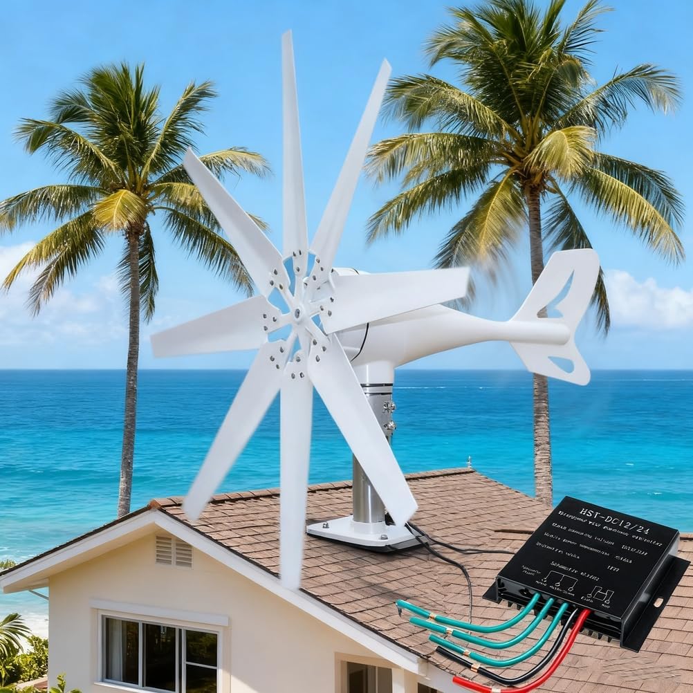 12V,HYZHANHONG 12V/24V/48V Horizontal Wind Turbine Generator 1000W Low Noise 8 Blades Wind Power Turbine Generator Kit 3-Phase AC Windmill with Controller
