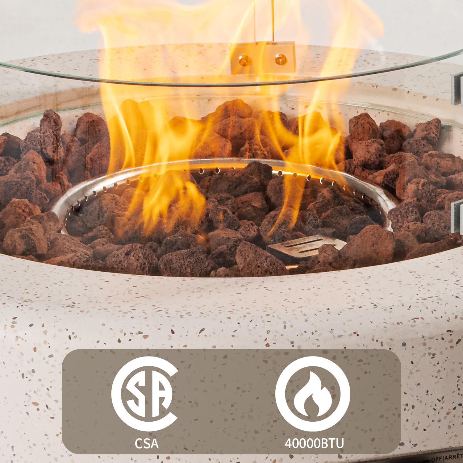SUNBURY Outdoor Propane Fire Pit Table, 26 Inch Small Patio Gas Fire Table 50,000 BTU Column Fire Pit for Outside in Spotted White w Glass Wind Guard, Lava Rocks