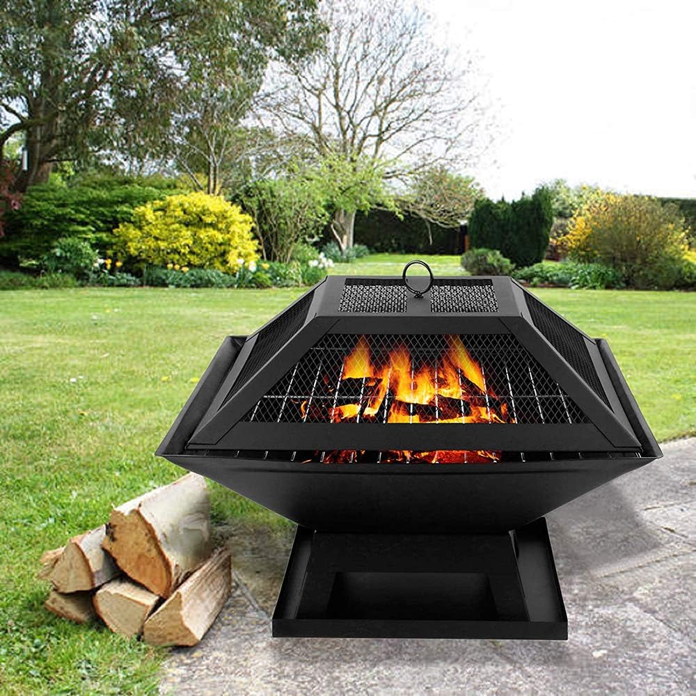 Fire Pit Portable Wood Burning Bonfire Firepit, with Spark Screen Fireplace Poker Firebowl