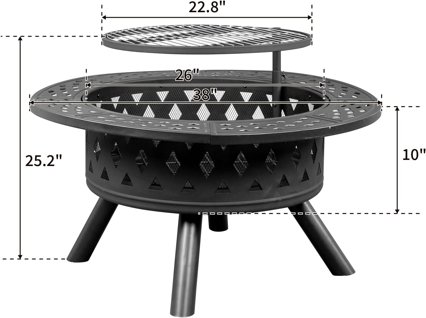 38in Metal Fire Pit with Cooking Grates Black