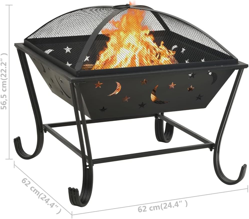 vidaXL XXL Steel Fire Pit - Outdoor Warming Solution with Mesh Cover, Poker & Convenient Ring Handle for Carriage - Atmospheric Black Exterior