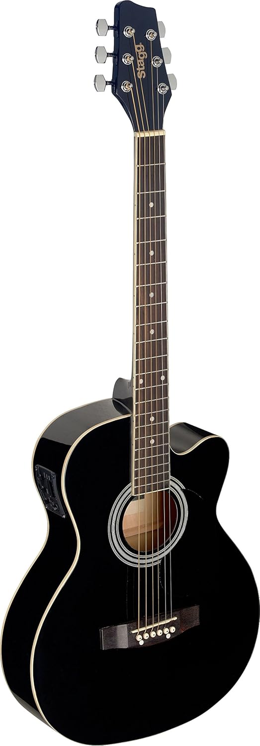 Stagg 6 String Auditorium Cutaway Electro-Acoustic Guitar-Black, Right, (SA20ACE BLK)
