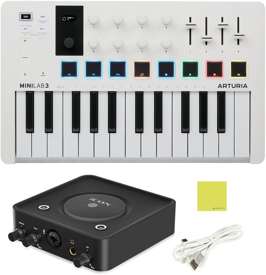 Arturia MiniLab 3 Mini Hybrid Keyboard Controller Bundle with iCON Pro Audio USolo Recording Interface, USB Cable & Liquid Audio Polishing Cloth - 25 Key Midi Controller, Recording Studio Equipment