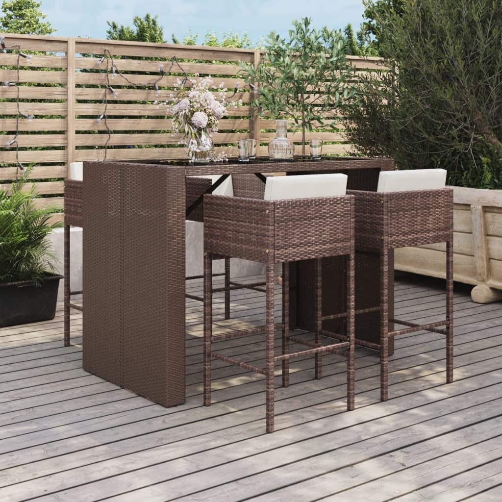 5 Piece Patio Bar Set with Cushions Brown Poly Rattan,Versatile Design:The set seamlessly complements any outdoor environment, adding a touch of elegance and functionality. Furniture Sets for Patio, L