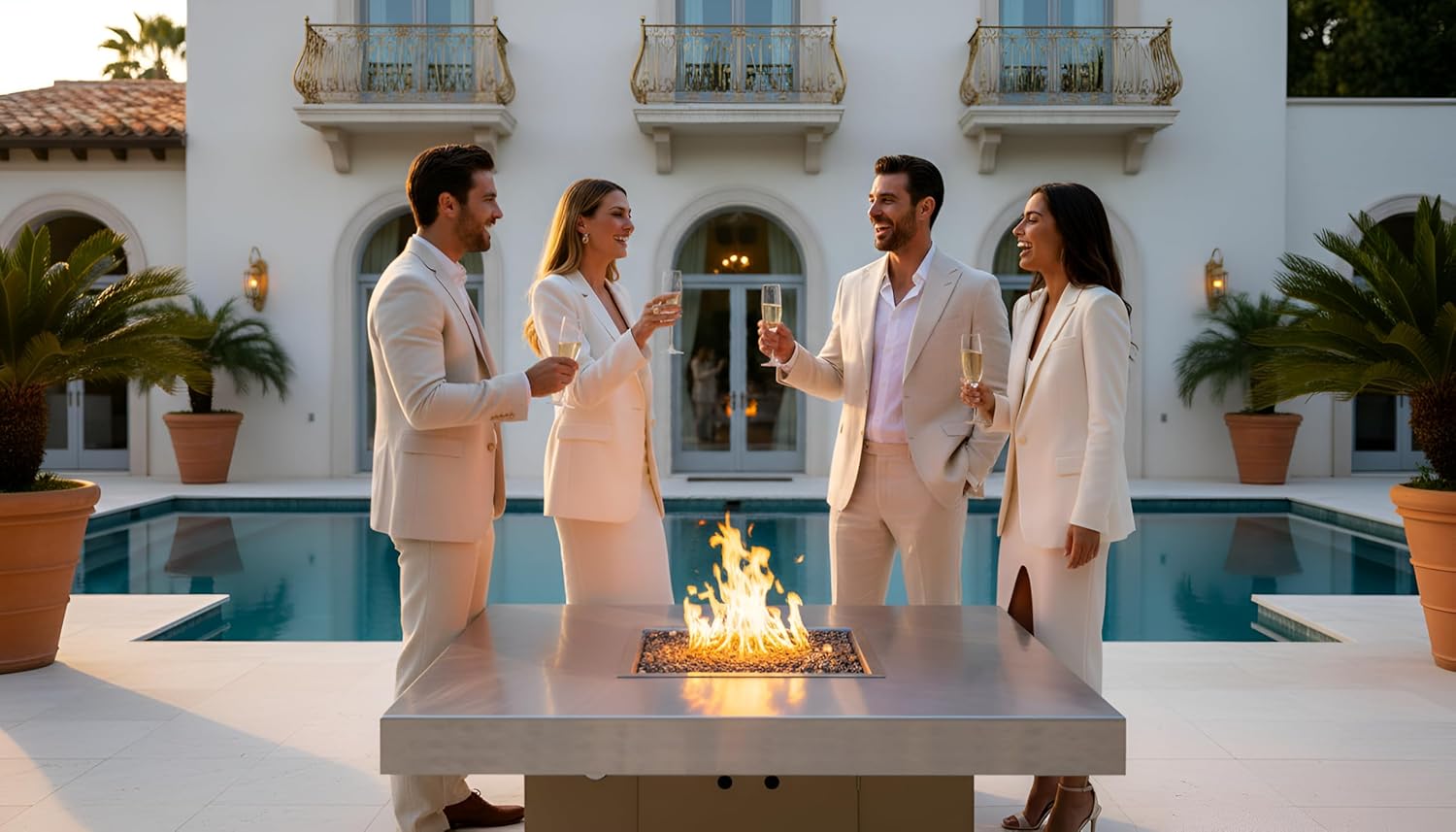 COOKE Santa Barbara Rectangular Fire Pit Table - 40 x 30 - Natural Gas - Brushed Aluminum Top -Beige Powdercoat Base