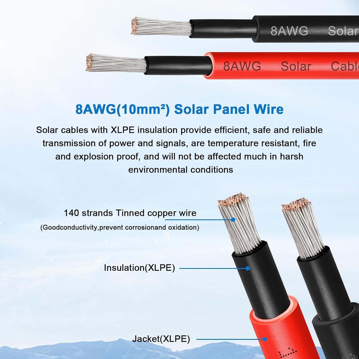 XRDS -RF 8AWG Solar Panel Wire 10mm², 2 Pack 200FT Red & Black Solar Extension Cable, PV Wire with Tinned Copper, Sunlight & UV Resistant, for Solar Panel, RV, Inverter, Battery, Off-Grid Systems