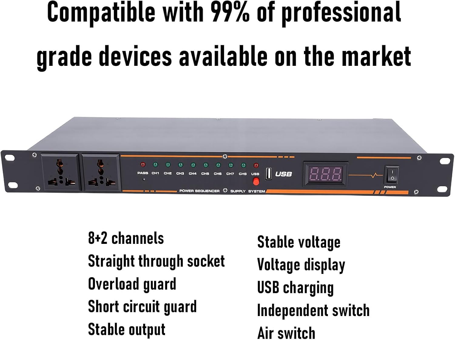 PUSOKEI 10 Outlet Power Sequencer Conditioner, Audio Equipment Power Sequencer Regulator with Digital Display, Rack Mount, for Home Theater, Stage, Studio (10 Outlet)