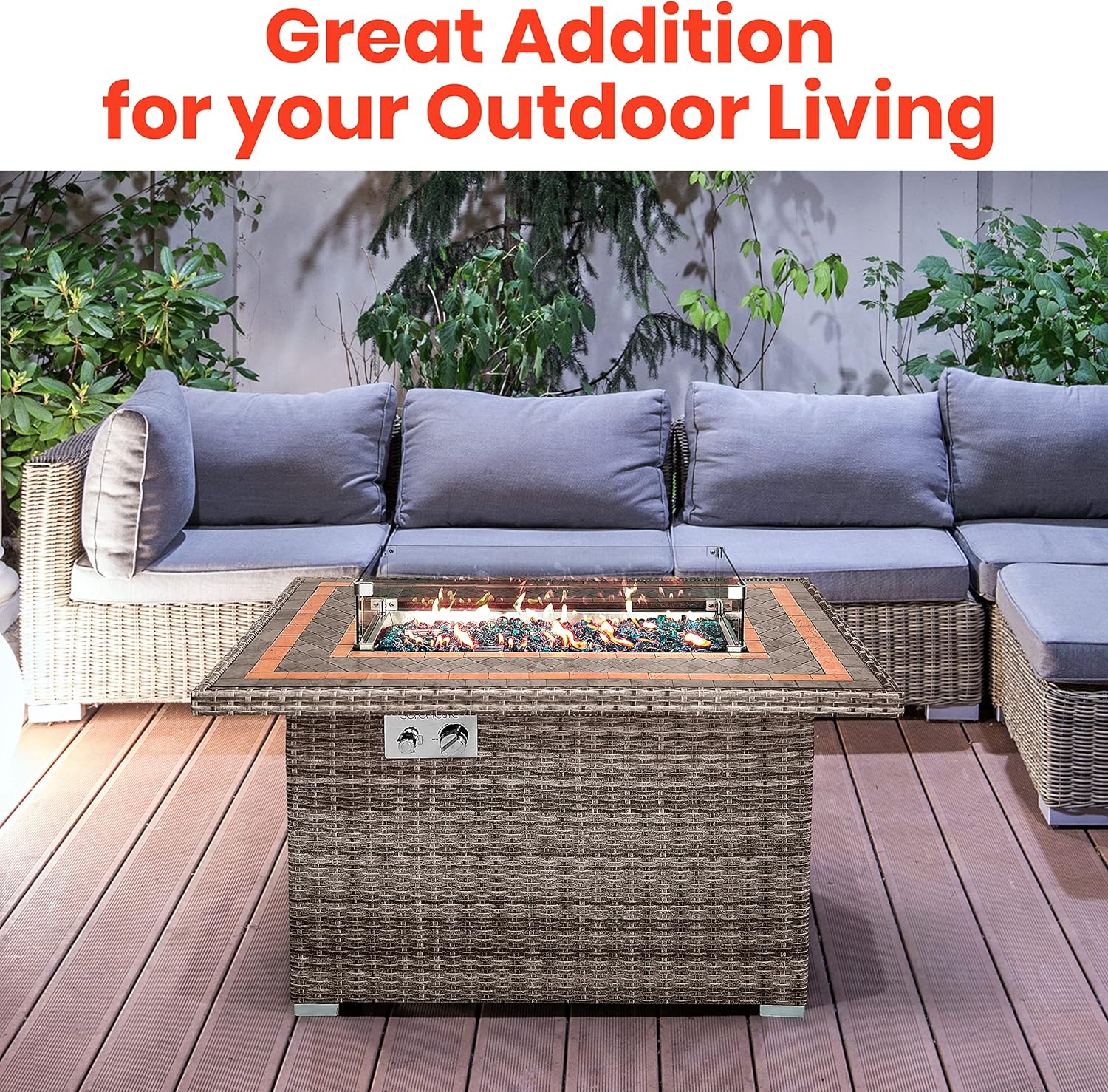 SerenelifeHome Outdoor Propane Fire Pit Table- 50,000 BTU Auto-Ignition Gas Fire Pit w/Glass Wind Guard, Mosaic Tabletop with PE Rattan Base