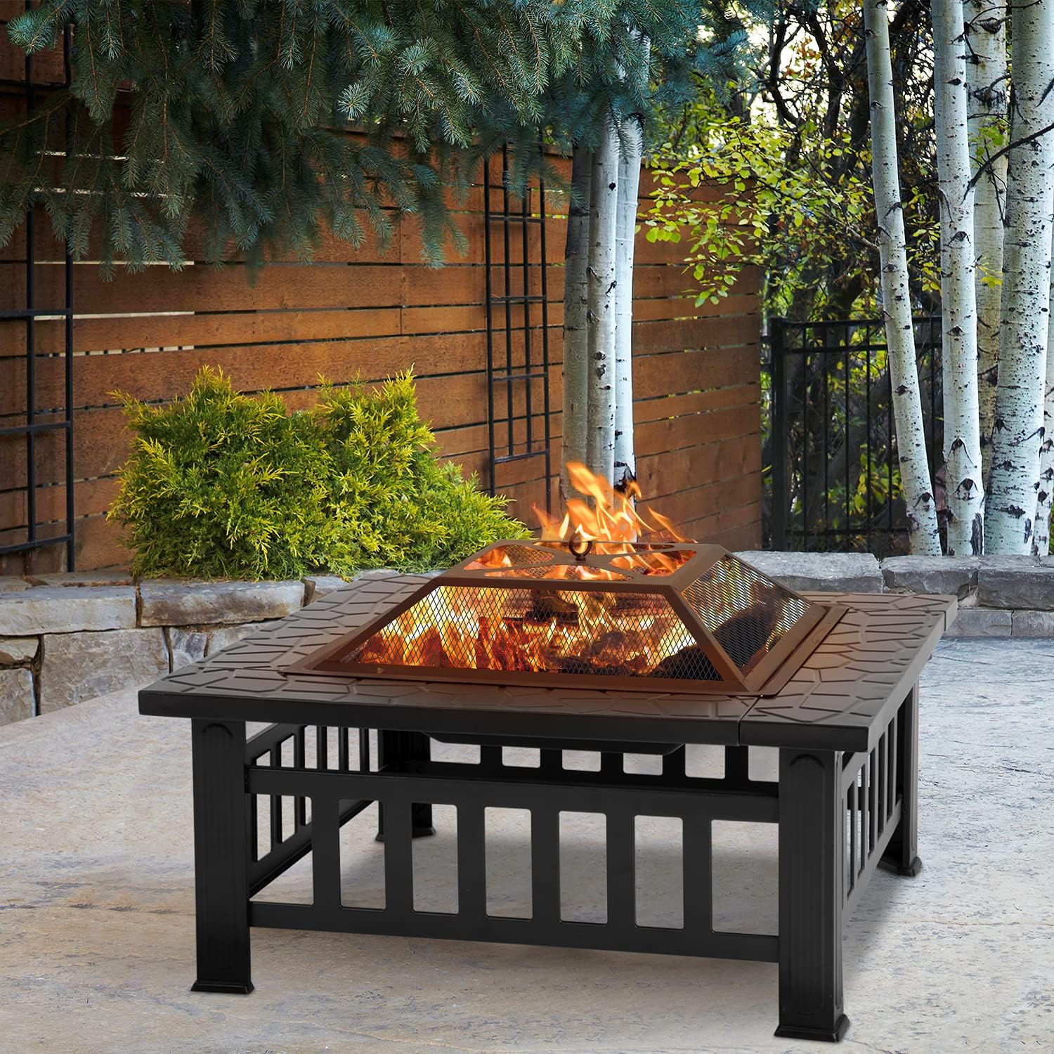Outdoor Fire Pit 32 inch Square Metal Firepit for Patio Wood Burning Fireplace Garden Stove with Charcoal Rack Mesh Cover for Camping Picnic Bonfire Backyard Outdoor Heating