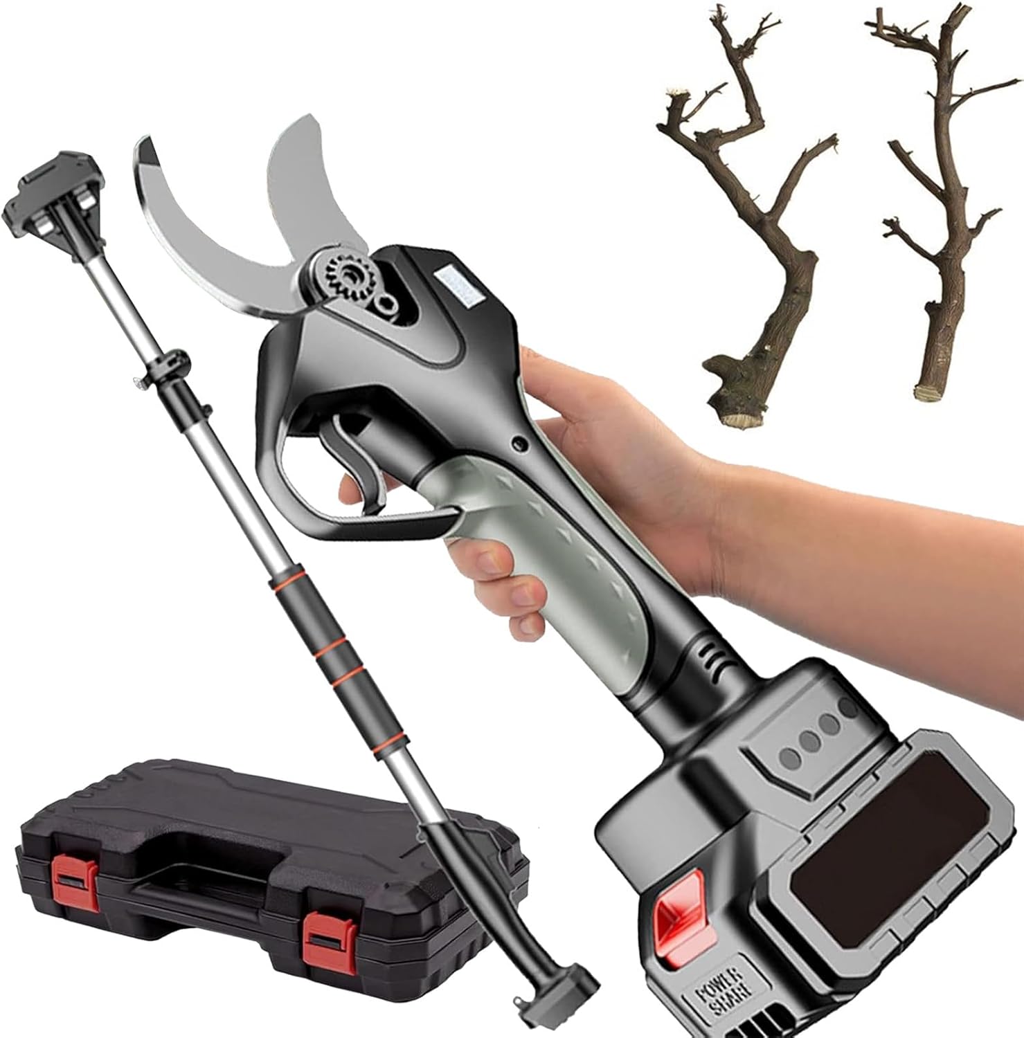 Pruning Shears, Electric Garden Shears Battery Powered, Cordless Power Pruner for Gardening with 130cm-210cm Extension Pole,2 Battery
