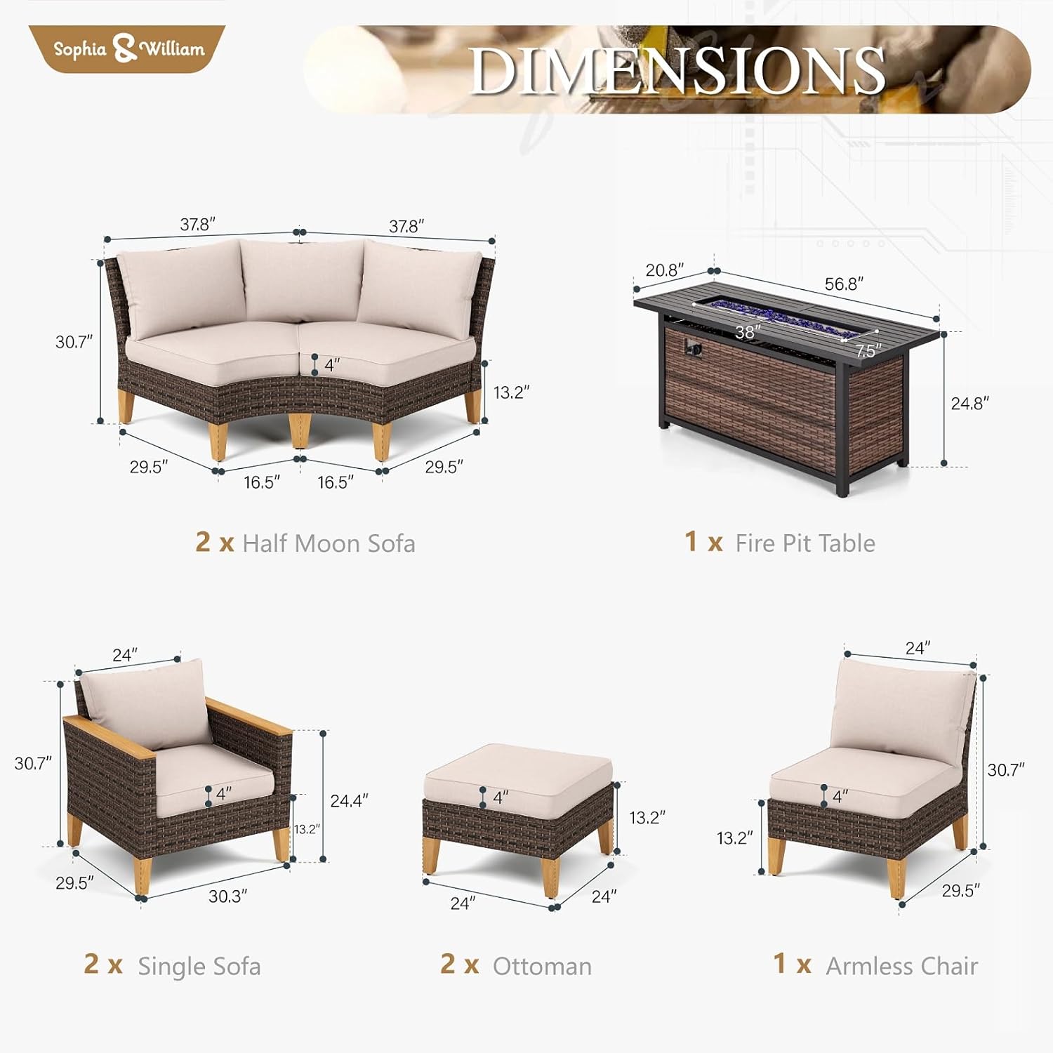 Sophia & William Patio Furniture Set with Fire Pit Table, 10 Piece Half Moon Outdoor Wicker Sectional Sofa Set, Rattan Conversation Set with 56-Inch Fire Pit Table for Backyard, Deck, Pool(Beige)