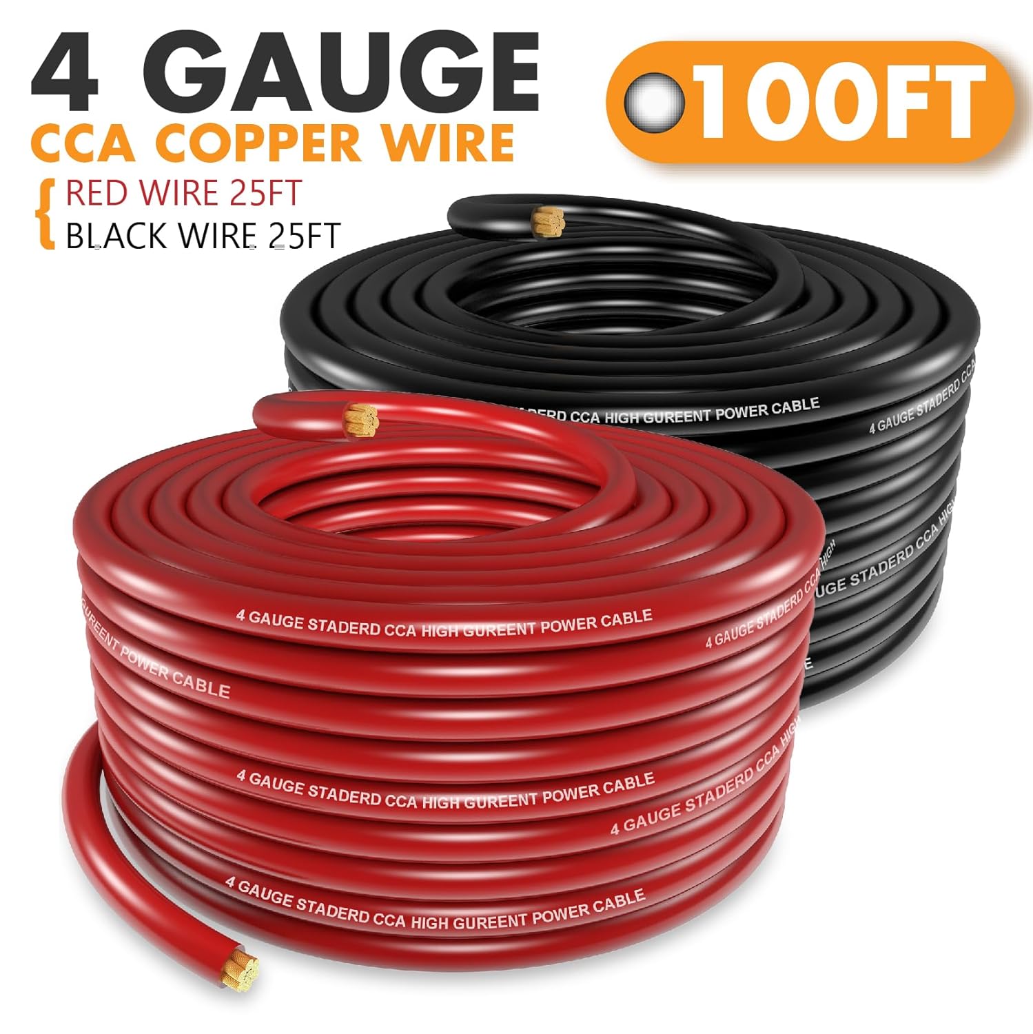 Jeemiter 4 Gauge CCA Wire Complete Kit: 100ft (50ft Red + 50ft Black) for Multiple Amp Rigs & Full Vehicle Audio Install | Includes All Terminals