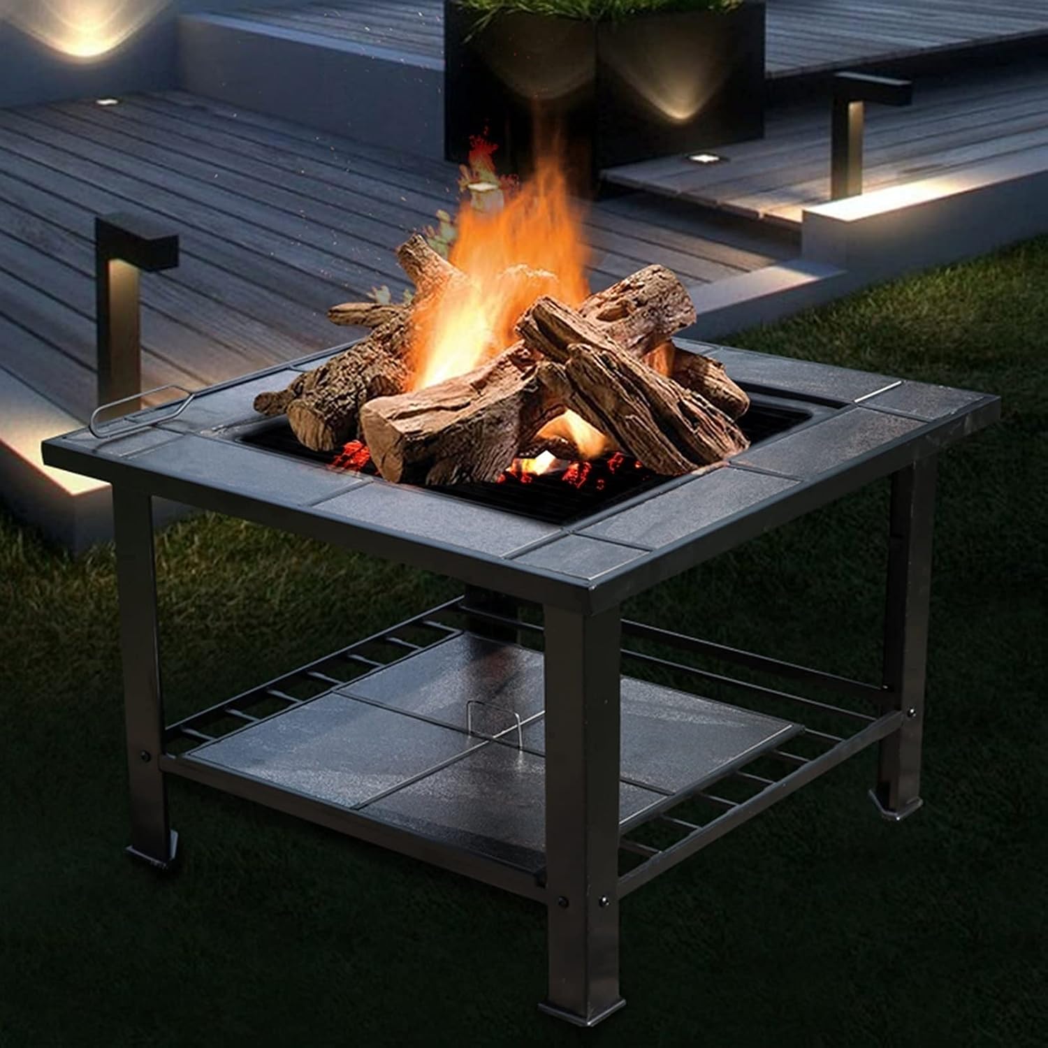 Outdoor Fire Pit Wood Burning Square Metal Fireplace with Spark Screen Cover, Poker, Cover, Barbecue Picnic Camping Camp Fire d