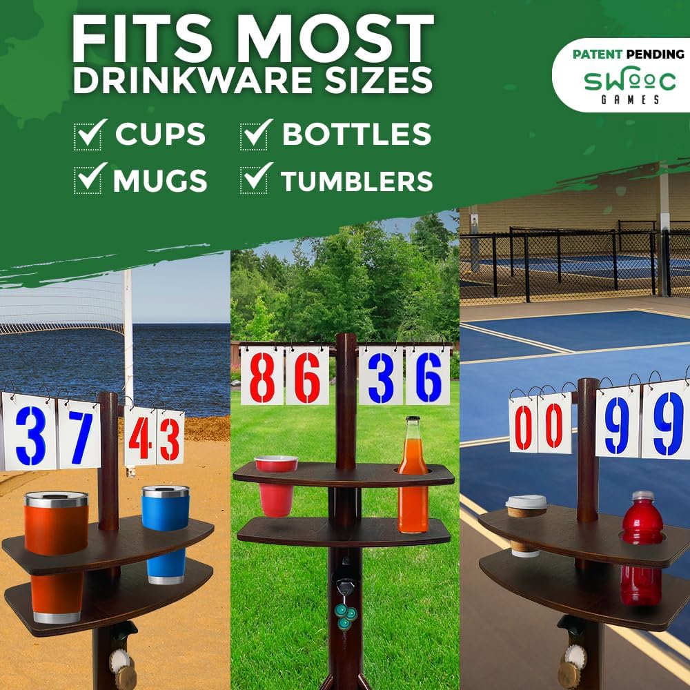 Swooc Games® – Cornhole Score Keeper & Other Yard Games – Weather Resistant – Cornhole Scoreboard with Drink Holder & Bottle Opener & Magnetic Cap Catch – Cornhole Accessories – Corn Hole Score Boards
