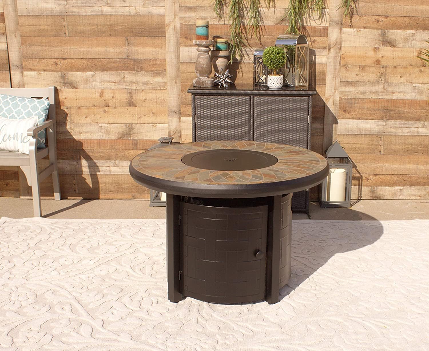 Pebble Lane Living 5 Piece Aluminum Patio Fire Pit with Swivel Rocking Cushioned Patio Chairs Set - Gray