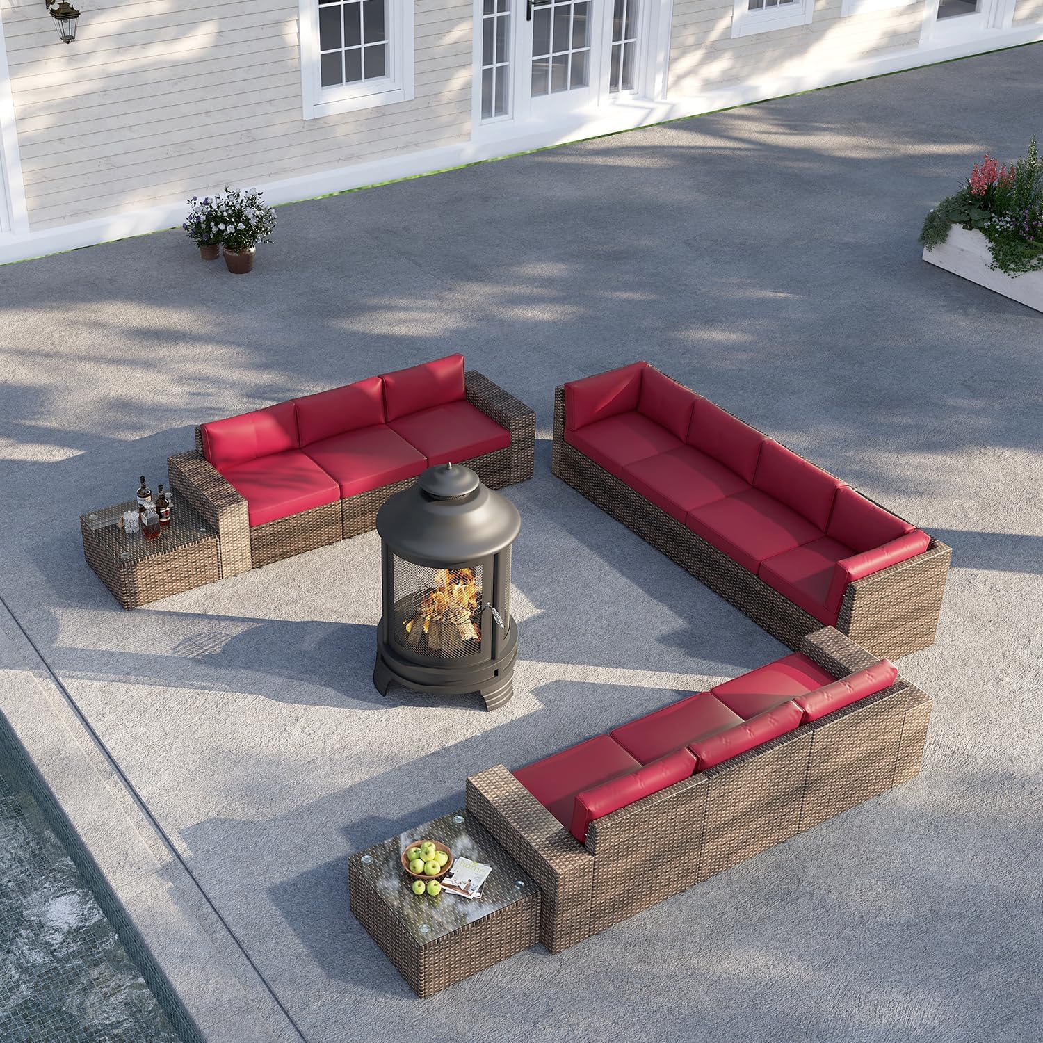 oneinmil 13-Piece Outdoor Furniture Set, with Large Fire Pit Chiminea, 2 in 1 Fire Pit for Outdoor, Wicker Rattan Sectional Conversation Set, and Coffee Table