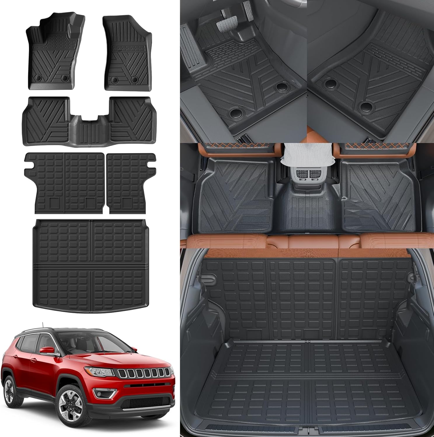 Rongtaod Floor Mats Compatible with 2017-2025 2026 Jeep Compass TPE Floor Liners All Weather Trunk Mat Cargo Back Seat Cover Protector 2024 Compass Accessories (Trunk Mat+Backrest Mats+Floor Mats)